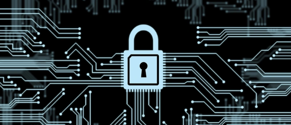 Image of a padlock against a circuit board pattern